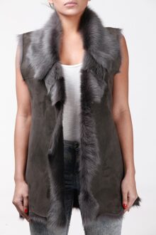 Lange damesbodywarmer van Toscana-schapenvacht-Sorocaba - maat EU 48 / UK 20 Grijs