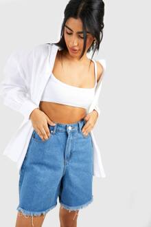 Lange Denim Shorts Met Hoge Taille En Rafelige Zoom Langere Lengte, Light Blue - 36