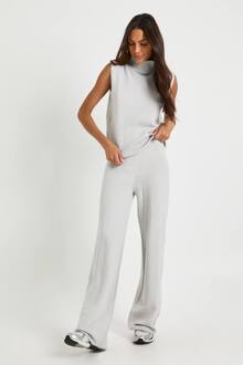 Lange Gespleten Halskraag Superzachte Gebreide Tank En Rechte Pijpbroek Co-Ord, Grey - L