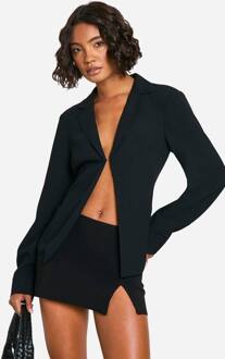 Lange Getailleerde Crepe Blouse Met Enkele Sluiting, Black - 40