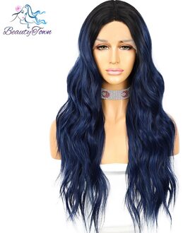 Lange Golf Synthetische Lace Pruik Voor Vrouwen Dark Ombre Blue Pruik Natuurlijke Dagelijks Midden Deel Pruik Hittebestendige Vezel Mode vrouwen Pruik
