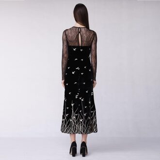 Lange gouden geborduurde fluwelen jurk Zwart - M