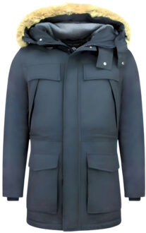 Lange Heren Parka Jas - Met Faux Bontkraag - Blauw - Maat: XS