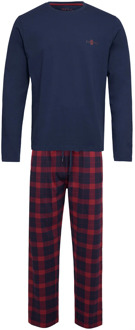 Lange heren winter pyjama set katoen geblokt donker Blauw - XL