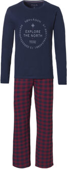 Lange heren winter pyjama set katoen sørvagen + broek geblokt Blauw - XL