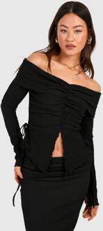 Lange Kreukelige Bardot-Top Met Geraffeld Detail, Black - 40
