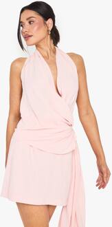 Lange Linnen-Look Drape Cowl Wrap Mini-Jurk, Light Pink - 38