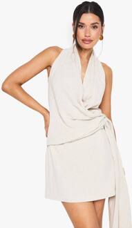 Lange Linnenlook Mini-Jurk Met Drape, Cowl En Wikkel, Natural - 36
