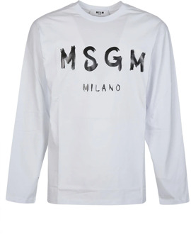 Lange Mouw Logo Print T-Shirt Msgm , White , Heren - L,M,S