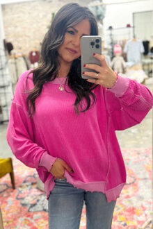 Lange Mouwen Geribbelde Top Stoffig Roze