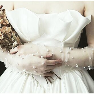 Lange Opera Tulle Parel Kralen Handgemaakte Handschoen Vingerloze Vrouwen Bridal Wedding Party