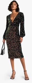 Lange Pailletten Midijurk Met Ballonmouwen En Diepe V-Hals, Black - 36