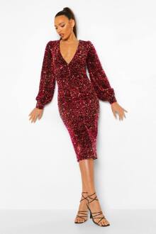 Lange Pailletten Midijurk Met Ballonmouwen En Diepe V-Hals, Red - 36