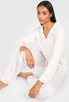 Lange Perzikprint Pyjama Set Met Lange Mouwen Overhemd & Broek, White - 46