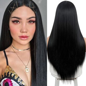 Lange Rechte Synthetische Pruik Voor Wit/Zwart Vrouwen Natuur Midden Deel Pruiken Gemengde Blauw Bruin En Blonde Lange Pruiken 1B/27HL