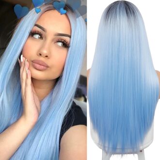 Lange Rechte Synthetische Pruik Voor Wit/Zwart Vrouwen Natuur Midden Deel Pruiken Gemengde Blauw Bruin En Blonde Lange Pruiken 1B/30HL