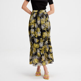 Lange rok met lineaire print en ruches Zwart