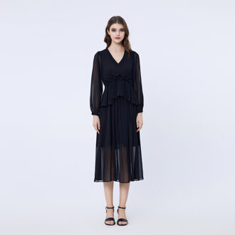 Lange ruche chiffon jurk Zwart - M