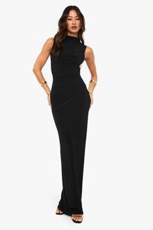 Lange Slinky Jurk Met Trimdetail En Gerimpelde Maxi-Lengte, Black - 36