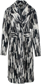 Lange wollen jacquardjas in neutrale tinten met ceintuur Donkergrijs - S