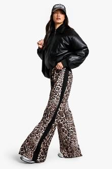 Lange Zijgestreepte Luipaardprint Broek Met Trekkoord En Wijde Pijpen, Leopard - 44