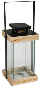 Lantaarn/windlicht - zwart - hout - metaal - verlichting - H24,5 cm