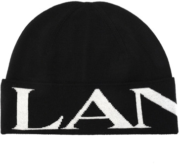 Lanvin Zwarte geribbelde wollen hoed met logo print Lanvin , Black , Dames - ONE Size