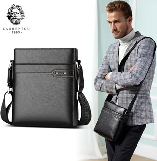 LAORENTOU Genuine Leather Men Crossbody Bag Business Shoulder Bag Real Cow Leather Side Messenger Bag for Man Vintage Casual Bag