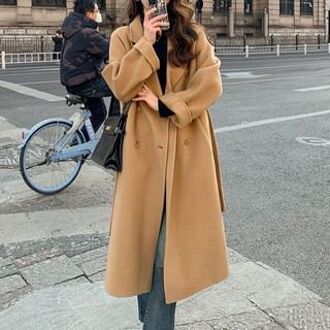 Lapel Collar Plain Double Breasted Long Coat Black