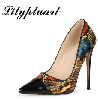 Large size 34-47 women's high heel patent leather with snake pattern fabric shallow mouth high heels 2020 party wedding shoes