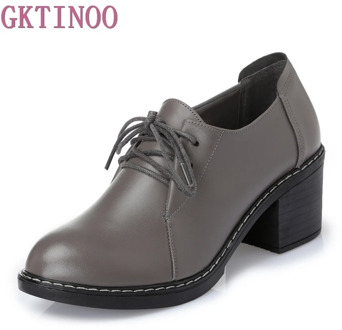 Large Size 35-41 Women Thick High Heels Shoes Fashion Lace Up Pumps Spring Casual Platform Genuine Leather Women Shoes