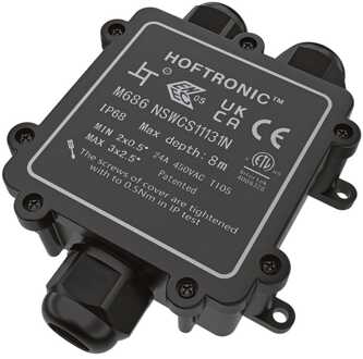 Lasdoos IP68 Waterdicht - 130x80x36mm - 3 ingangen - voor 2 en 3 aderige kabels (4-14mm) Zwart