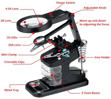 Lassen Vergrootglas Met Led Licht 3X-25X Lens Extra Clip Loupe Desktop Vergrootglas Thrid Hand Soldeerbout Repair Tool 3 4.5 25X zwart