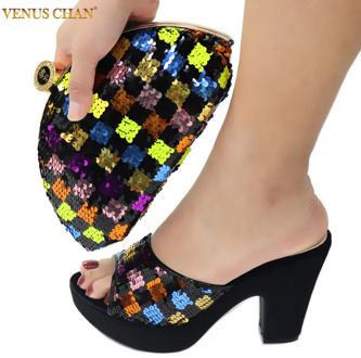 Latest African Matching Shoes and Bag in Black Color High Quality Italian with Shinning Crystal African Lady Shoes and Bag