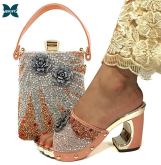 Latest peach color Italian Shoes and Bag Set for Party In Women Wedding Shoes Bride Cristal High Quality African Wedding Shoes