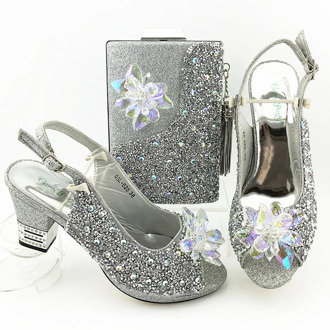 Latest silver color Shoes and Bags Set Nigerian Best Match Shoes and Matching Bags African Women Rhinestone Wedding Shoes