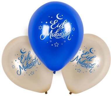Latex Ballonnen Eid Mubarak Blauw/Goud (6st) Multikleur - Print