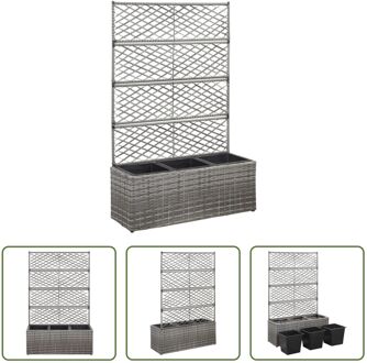 Latwerkplantenbak - poly rattan - 83x30x130cm - grijs - met 3 potten