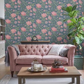 Laura Ashley Vliesbehang Tapestry Floral Dark Seaspray | Donkerblauw Met Roze| Bloemen | 10mx52cm