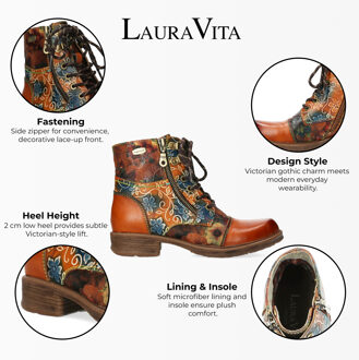 Laura Vita Anita 006 Camel Brown Floral Dames Gothic Victoriaanse Leren Enkellaarsjes Bruin
