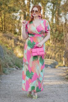 Laurie maxi jurk in multi Pastle Leaves Roze/Multicolour