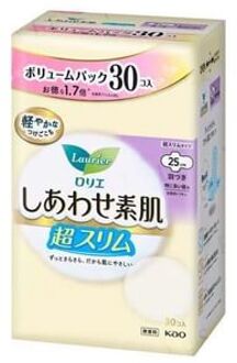 Laurier F Happy Bare Skin Breathable Ultra Slim For Especially Heavy Daytime With Wings 25cm 30 pcs