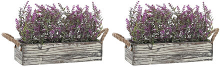 Lavendel bloemen kunstplant in houten bloempot - 2x - lila paarse bloemen - 30 x 12 x 21 cm