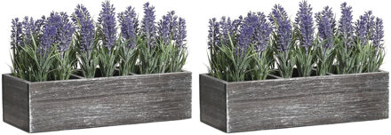 Lavendel bloemen kunstplant in houten bloempot - 2x - paarse bloemen - 34 x 14 x 19 cm