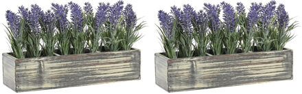 Lavendel bloemen kunstplant in houten bloempot - 2x - paarse bloemen - 34 x 14 x 19 cm