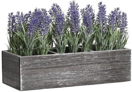 Lavendel bloemen kunstplant in houten bloempot - paarse bloemen - 34 x 14 x 19 cm