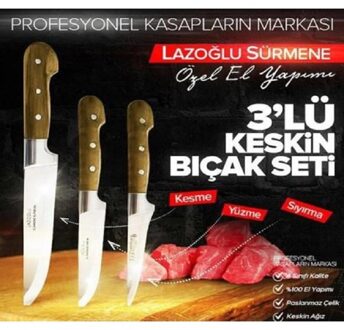 Lazoğlu 3 Stuk Mes Set Handgemaakte, Koksmes Set, Professionele Keukenmessen Staal Plantaardige Slagersmes Voor Koken