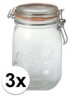 Le Parfait Voorraad/weckpot - 3x stuks - transparant - glas - 17,6 x 8,5 cm - 1 L - Le Parfait