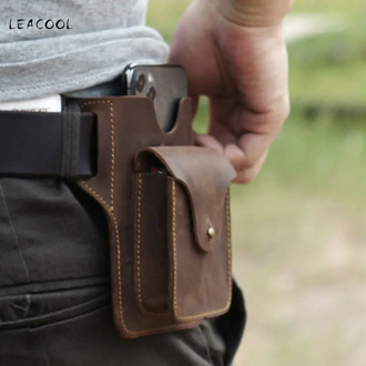 LEACOOL Vintage Outdoor Genuine Leather Waist Bag Tactical Hunting Portable Belt Pouch Phone Cellphone Loop Holster Case