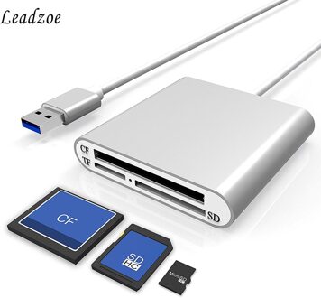 Leadzoe Aluminium USB 3.0 Draagbare Kaartlezer 3-Slot Flash Memory Kaartlezer voor CF/SD/TF micro SD/MD/MMC/SDHC/SDXC Flash Kaarten zilver